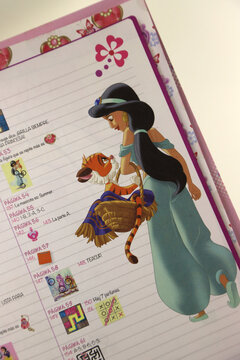 Children's activity magazine with the illustration of Jasmine, princess from the Disney movie Aladdin. Princess with her pet bengal tiger.