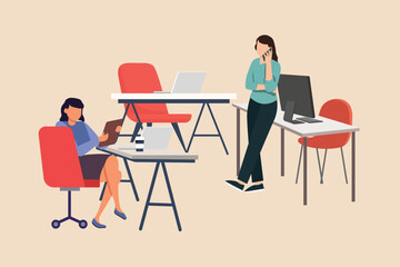 Fototapeta premium Businesswoman team talking to each other with laptop in the office. Coworking concept. Flat vector illustrations isolated. . Coworking concept. Flat vector illustrations isolated. 
