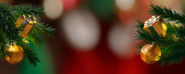 Fondo de Navidad con decoración dorada y árbol de navidad - Banner de Navidad - Renderizado 3D