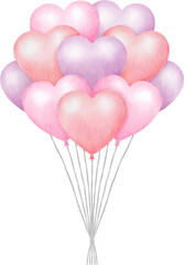Fototapeta na wymiar Pink pastel love heart balloons. Hand drawn painted watercolor illustration.