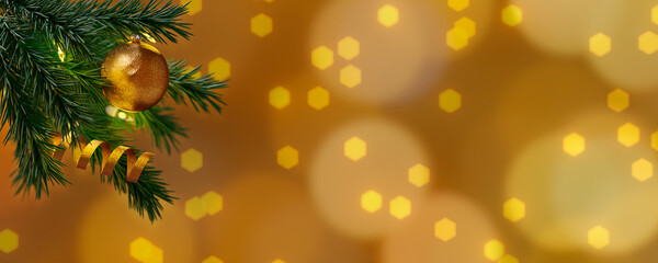 Fondo de Navidad con decoraci&oacute;n dorada y &aacute;rbol de navidad - Banner de Navidad - Renderizado 3D