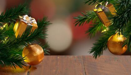 Fondo de Navidad con decoración dorada y árbol de navidad - Banner de Navidad - Renderizado 3D