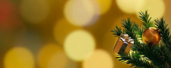 Obraz premium Fondo de Navidad con decoración dorada y árbol de navidad - Banner de Navidad - Renderizado 3D