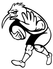 illustration of a cartoon Kiwi bird rugby player with ball fending off done in black and white isolated on white background.