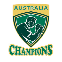 illustration of a rugby player with ball set inside shield done in retro style with words Australia Champions