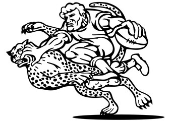 illustration of a rugby player running with the ball tackle attacked by a cheetah on isolated background done in black and white