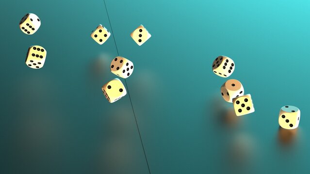 Rolling white-black dices under 
blue-orange lighting background. Conceptual 3D CG of establishment statistics, business opportunities, life crossroads and horse race gambling.