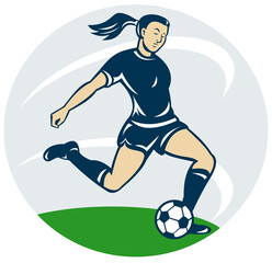 illustration of a woman girl playing soccer kicking the ball cartoon style