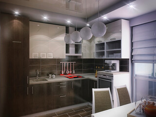 Fototapeta na wymiar 3d render of a modern kitchen in an city apartment. Kitchen interior design with brown woods cabinets below and beige abinets on the top. 3d illustration breakfast area in the kitchen
