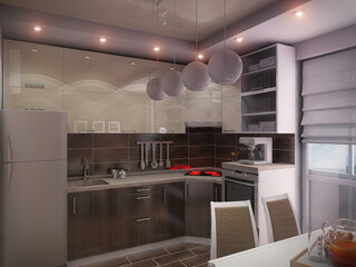 3d render of a modern kitchen in an city apartment. Kitchen interior design with brown woods cabinets below and beige abinets on the top. 3d illustration breakfast area in the kitchen