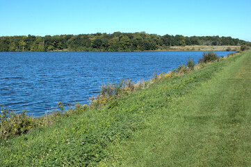September 28, 2022. Shabbona Lake State Park, Shabbona, Illinois, USA. A view of part of the lake seen from the dirt dam.