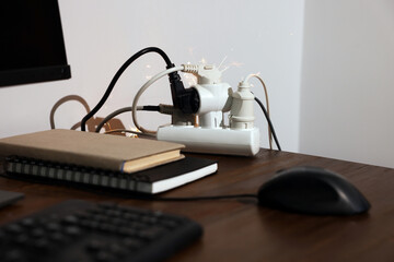 Inflamed plug in power strip indoors on wooden table. Electrical short circuit