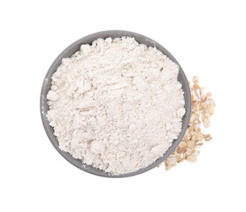 Bowl with oat flour and flakes on white background, top view