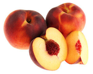 Whole and cut ripe peaches isolated on white