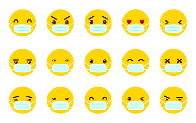 Emoticon yellow face with medical icon set. Epidemic emoji symbol. Bacteria hospital safety element. Cartoon doctor character. Infection virus pandemic sign. Smile head disease quarantine protection