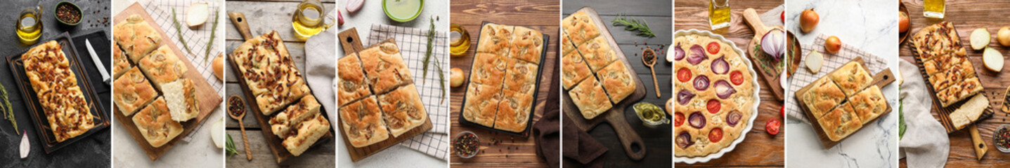 Collection of tasty Italian focaccia on table, top view