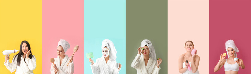 Set of pretty women after taking bath on colorful background