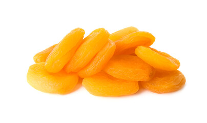 Naklejka na ściany i meble Pile of tasty apricots on white background. Dried fruits