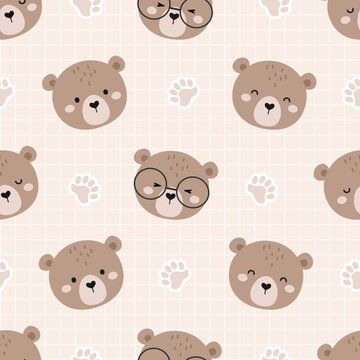 Seamless Vector Pattern with Cute Bear and Paw. Childish Cartoon Animals Background. design for fabric, wrapping, textile, wallpaper, apparel and all your creative project