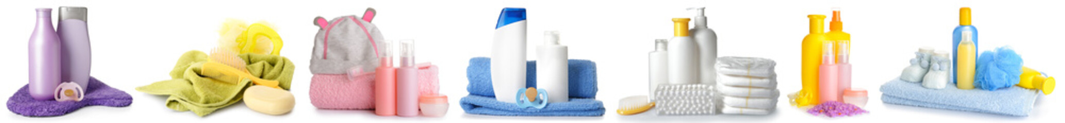 Collection of baby supplies and bathing cosmetics on white background