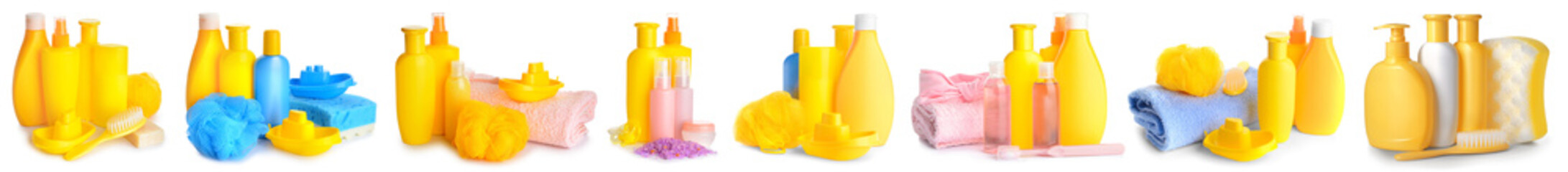Group of baby supplies and bathing cosmetics on white background