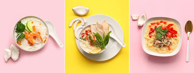 Fototapeta na wymiar Collection of tasty Thai soups on color background