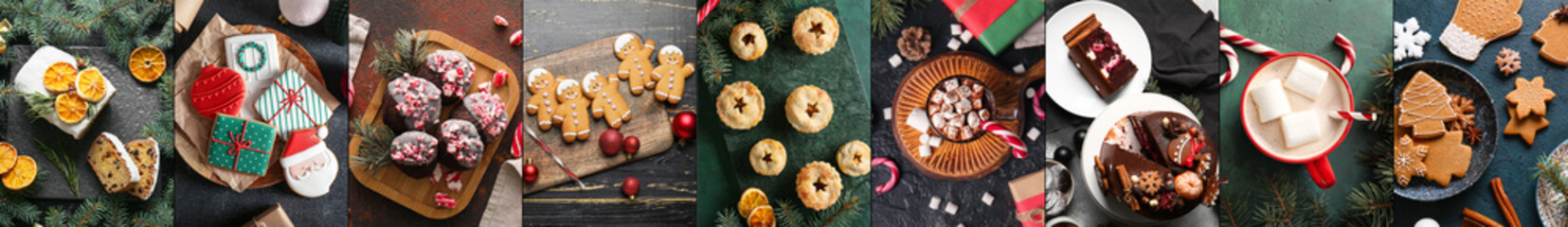 Collage of traditional Christmas desserts on dark background, top view