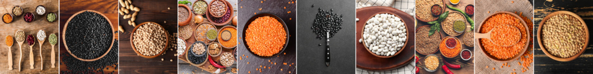 Collage of raw legumes on table, top view