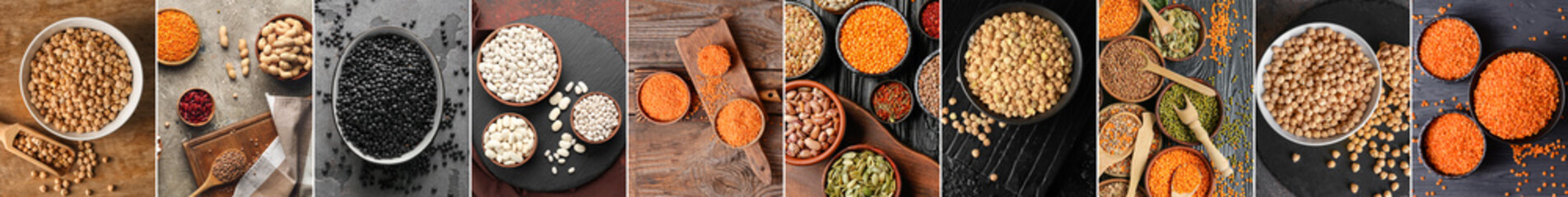 Collection of raw legumes on table, top view