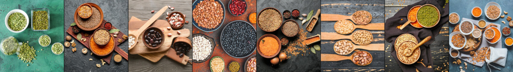 Group of raw legumes on table, top view