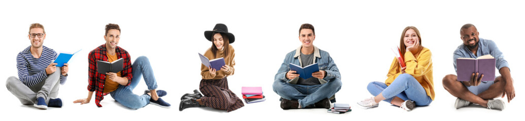 Collage of sitting young people with books on white background