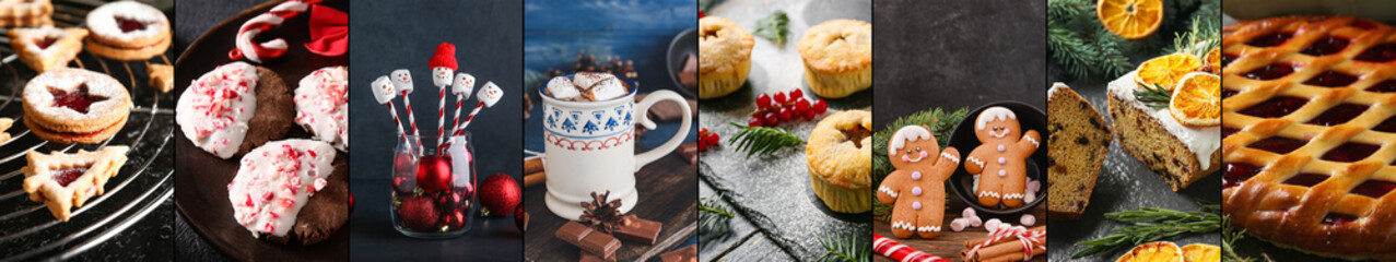 Obraz na płótnie Canvas Set of tasty Christmas desserts on table, closeup