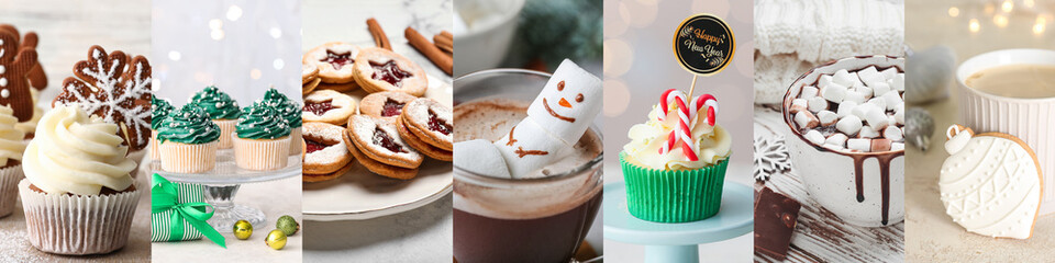 Collection of delicious Christmas desserts on light background