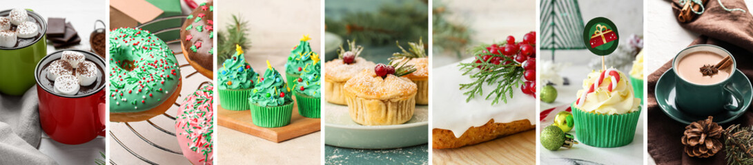 Group of delicious Christmas desserts on table