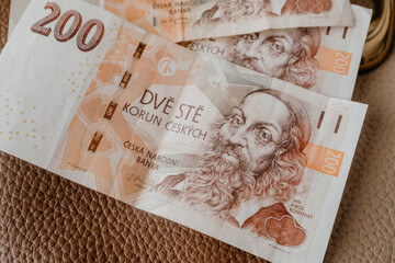 Czech cash money close-up background. Czech Crown. Ceska koruna. Bill paper new banknotes. Monetary policy. Global trade