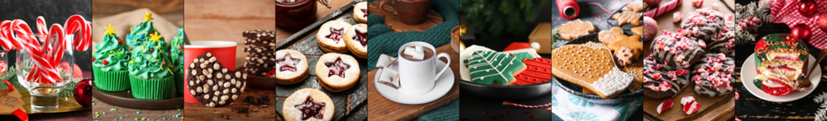 Collage of tasty Christmas desserts on table, closeup