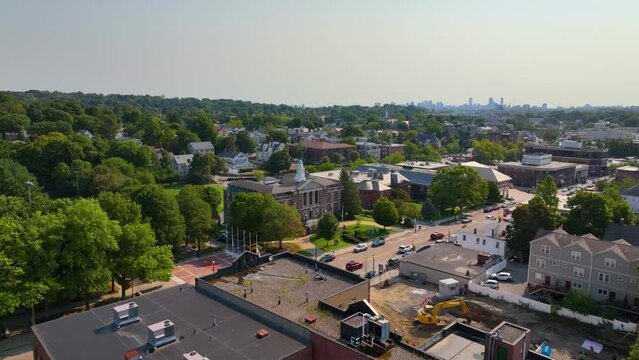 Watertown Town Hall aerial view at 149 Main Street in historic city center of Watertown, Massachusetts MA, USA. 