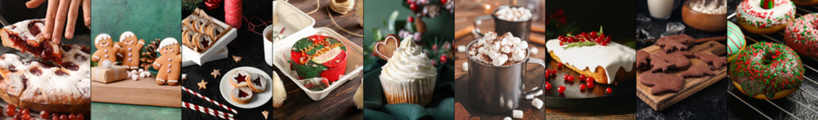 Group of traditional Christmas desserts on table, closeup
