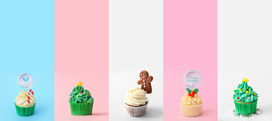 Collage with tasty Christmas cupcake on color background