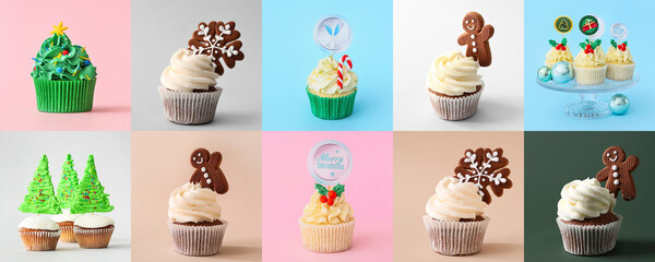 Collage with tasty Christmas cupcake on color background