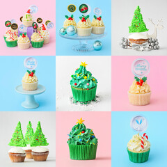 Collage with tasty Christmas cupcake on color background