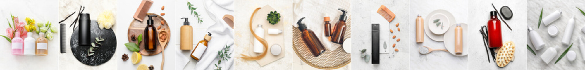 Collage of bath cosmetic products on white background