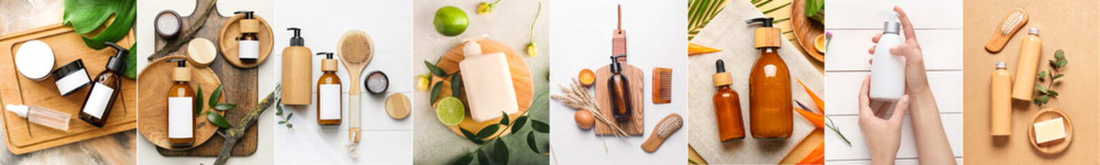 Collage of bath cosmetic products, top view