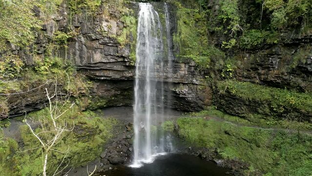 Drone view of Henrhyd Falls - the talltest waterfall in the Brecon Beacons, Wales