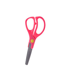 Scissors with pink handle on white background