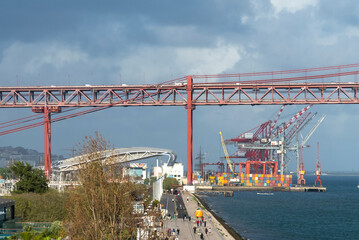 Fototapeta na wymiar Lisbon, Portugal. April 11, 2022: Panoramic landscape of Lisbon city port