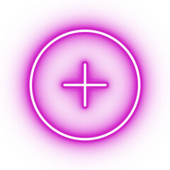 Obraz premium Neon pink plus icon, glowing add button icon on transparent background
