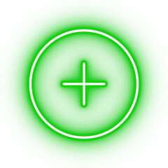 Obraz premium Neon green plus icon, glowing add button icon on transparent background