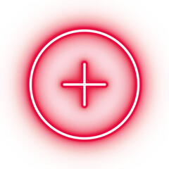 Fototapeta premium Neon red plus icon, glowing add button icon on transparent background