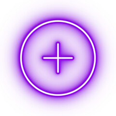 Neon purple plus icon, glowing add button icon on transparent background